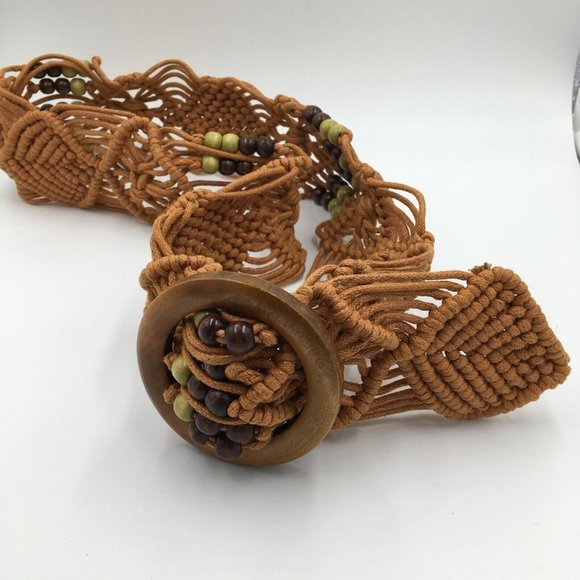 Wide Macrame Woven Belt, Brown Green Wood Buckle & Beads, BOHO 70’s Style - Picture 2 of 4